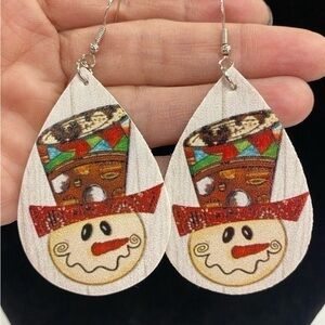 LAST 2 PAIR!! Christmas snowman faux leather teardrop earrings 3” drop dangle